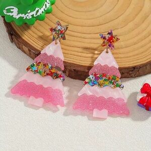 Pink Glitter Christmas Tree Festive Earrings
